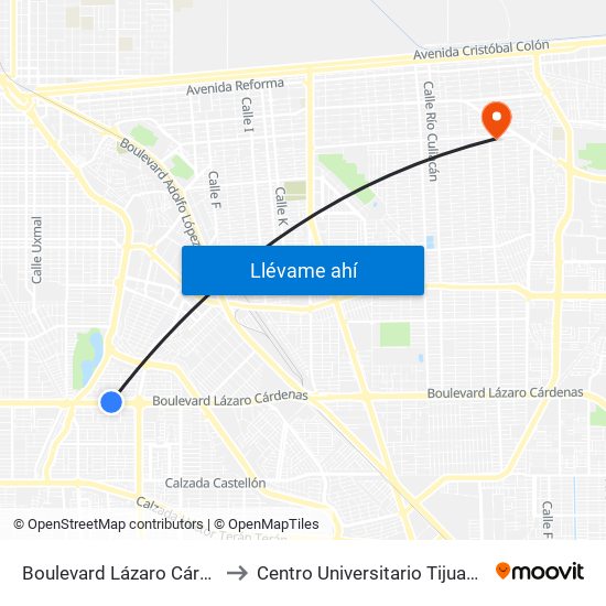 Boulevard Lázaro Cárdenas / Bal-Kach to Centro Universitario Tijuana Campus Mexicali map