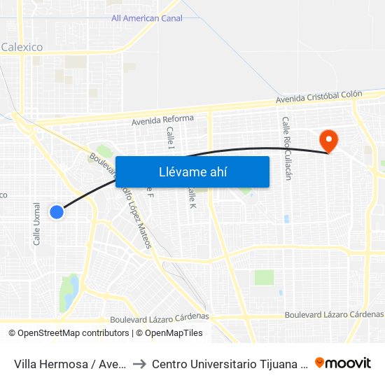 Villa Hermosa / Avenida Yucatán to Centro Universitario Tijuana Campus Mexicali map
