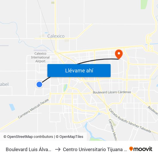 Boulevard Luis Álvarez / Noruega to Centro Universitario Tijuana Campus Mexicali map