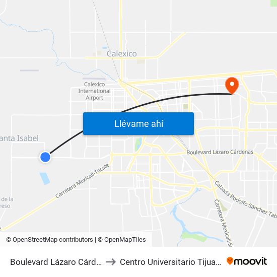 Boulevard Lázaro Cárdenas / San Ramón to Centro Universitario Tijuana Campus Mexicali map