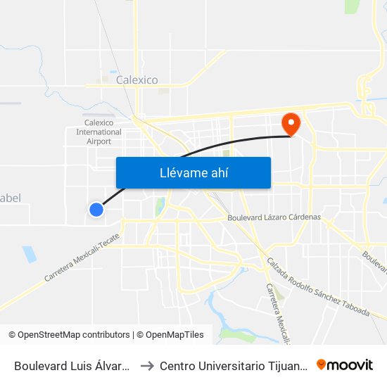 Boulevard Luis Álvarez / Universidad to Centro Universitario Tijuana Campus Mexicali map