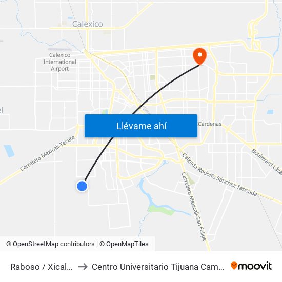 Raboso / Xicalahuata to Centro Universitario Tijuana Campus Mexicali map