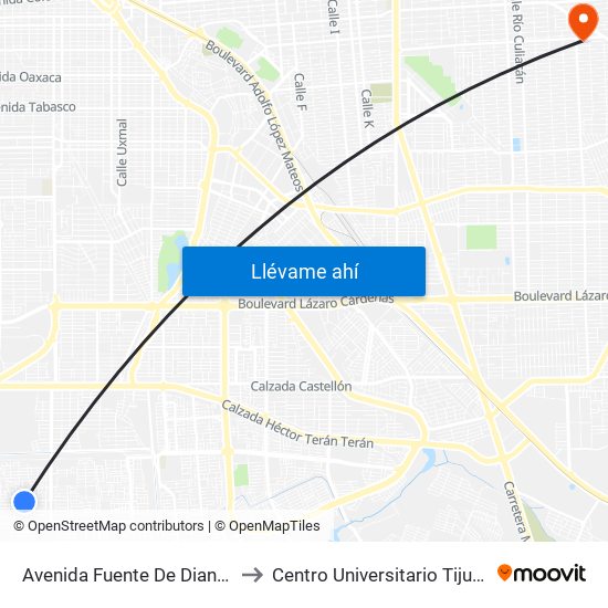 Avenida Fuente De Diana / Fuente De Trueno to Centro Universitario Tijuana Campus Mexicali map