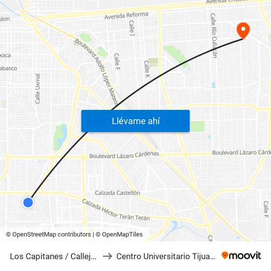 Los Capitanes / Callejón Martín Cabrera to Centro Universitario Tijuana Campus Mexicali map