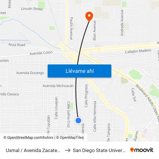 Uxmal / Avenida Zacatecas to San Diego State University map