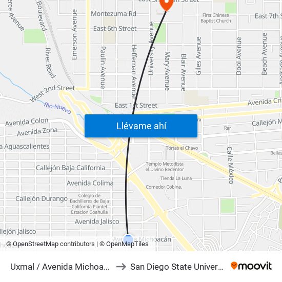 Uxmal / Avenida Michoacán to San Diego State University map