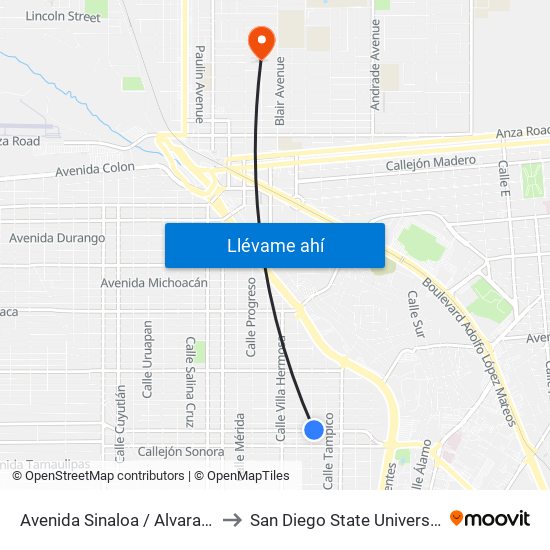 Avenida Sinaloa / Alvarado to San Diego State University map