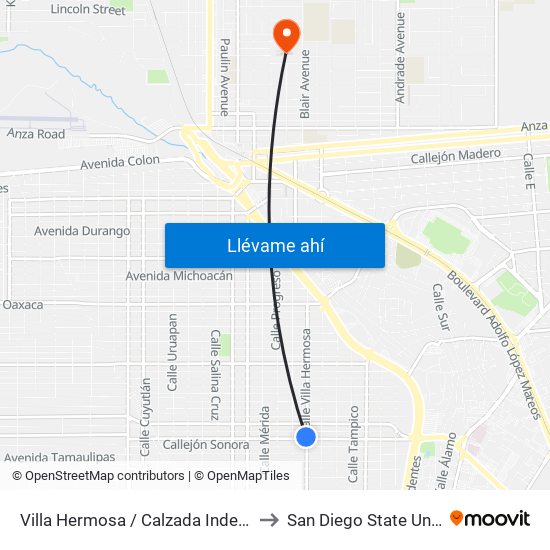 Villa Hermosa / Calzada Independencia to San Diego State University map