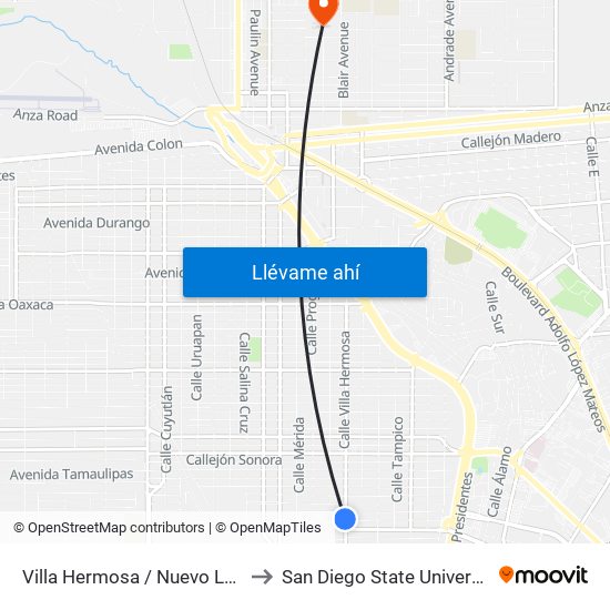 Villa Hermosa / Nuevo León to San Diego State University map