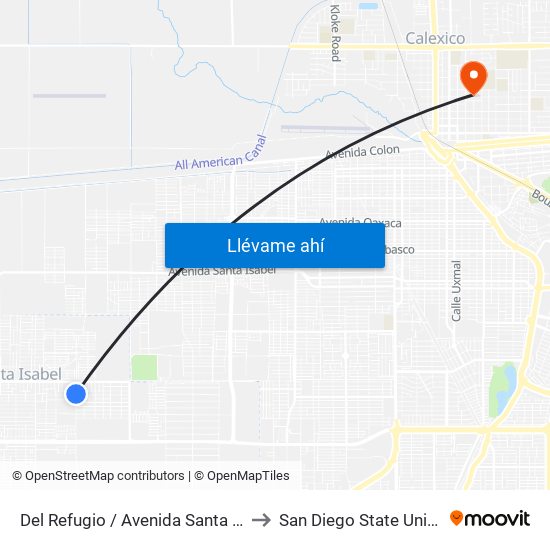 Del Refugio / Avenida Santa Dolores to San Diego State University map