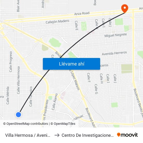 Villa Hermosa / Avenida Tlaxcala to Centro De Investigaciones Culturales map