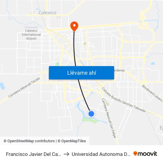 Francisco Javier Del Castillo / Francisco De Paula to Universidad Autonoma De Durango Campus Mexicali map