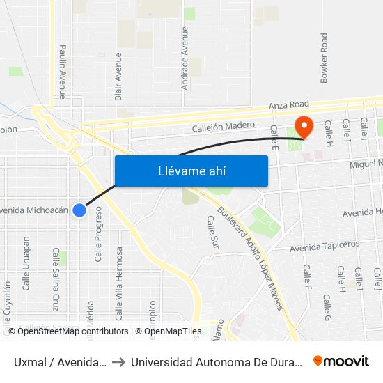 Uxmal / Avenida Michoacán to Universidad Autonoma De Durango Campus Mexicali map