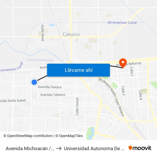 Avenida Michoacán / Bahía De San Jorge to Universidad Autonoma De Durango Campus Mexicali map