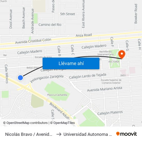 Nicolás Bravo / Avenida Sebastián Lerdo De Tejada to Universidad Autonoma De Durango Campus Mexicali map