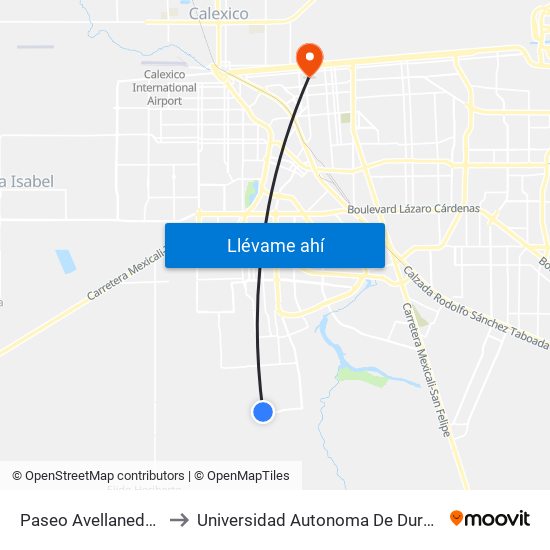 Paseo Avellaneda / Mirabueno to Universidad Autonoma De Durango Campus Mexicali map