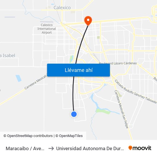 Maracaibo / Avenida Burguete to Universidad Autonoma De Durango Campus Mexicali map