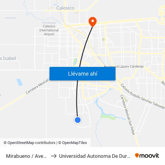 Mirabueno / Avenida Burguete to Universidad Autonoma De Durango Campus Mexicali map