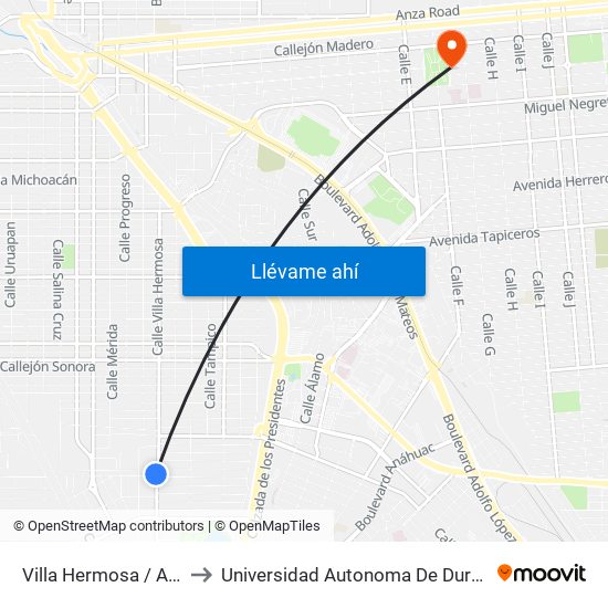 Villa Hermosa / Avenida Cosalá to Universidad Autonoma De Durango Campus Mexicali map