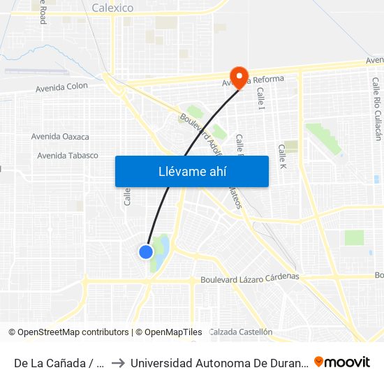 De La Cañada / Del Arcoiris to Universidad Autonoma De Durango Campus Mexicali map