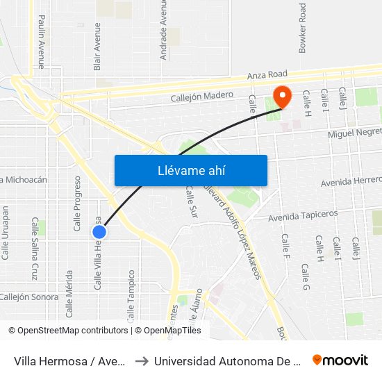 Villa Hermosa / Avenida San Luis Potosí to Universidad Autonoma De Durango Campus Mexicali map