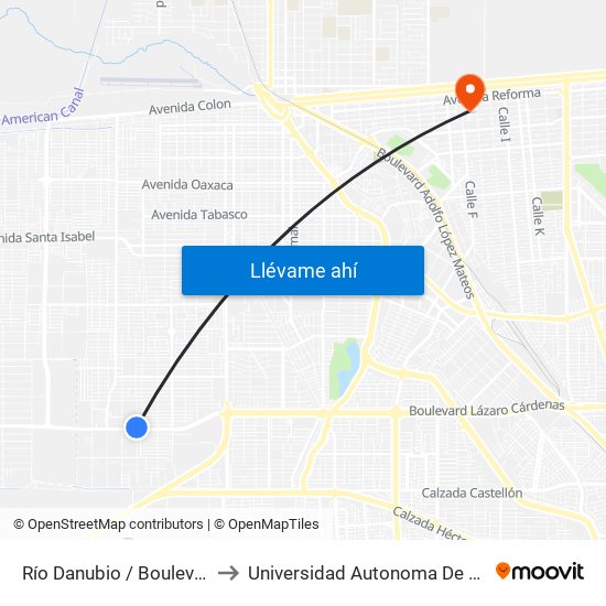 Río Danubio / Boulevard Lázaro Cárdenas to Universidad Autonoma De Durango Campus Mexicali map