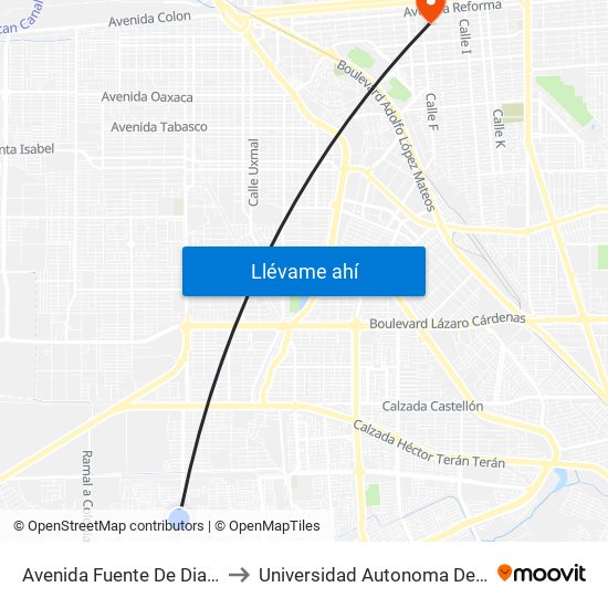 Avenida Fuente De Diana / Fuente De Medusa to Universidad Autonoma De Durango Campus Mexicali map