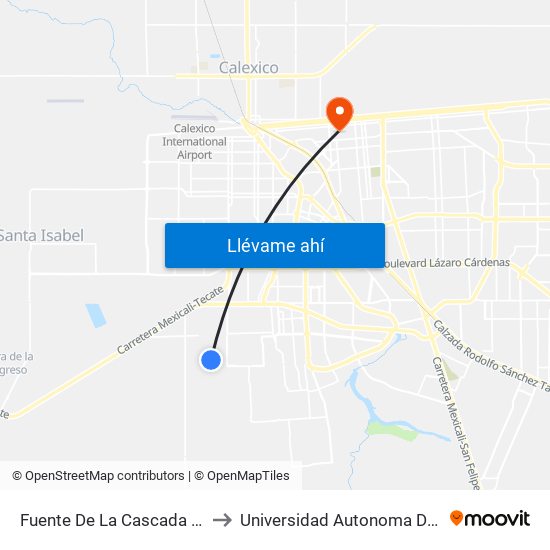 Fuente De La Cascada / Fuente De Júpiter Oeste to Universidad Autonoma De Durango Campus Mexicali map
