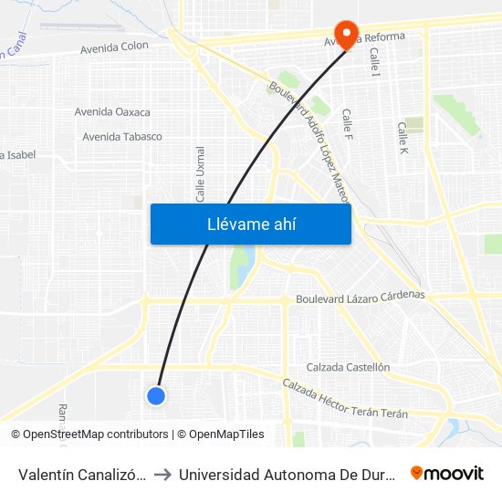 Valentín Canalizó / Federación to Universidad Autonoma De Durango Campus Mexicali map