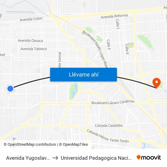 Avenida Yugoslavia / Psicólogos to Universidad Pedagogica Nacional, Unidad 021 Mexicali map