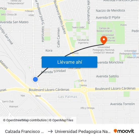 Calzada Francisco Montejano / Victoria to Universidad Pedagogica Nacional, Unidad 021 Mexicali map