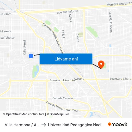 Villa Hermosa / Avenida Tlaxcala to Universidad Pedagogica Nacional, Unidad 021 Mexicali map