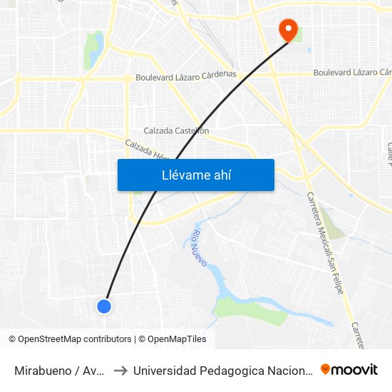 Mirabueno / Avenida Arroniz to Universidad Pedagogica Nacional, Unidad 021 Mexicali map