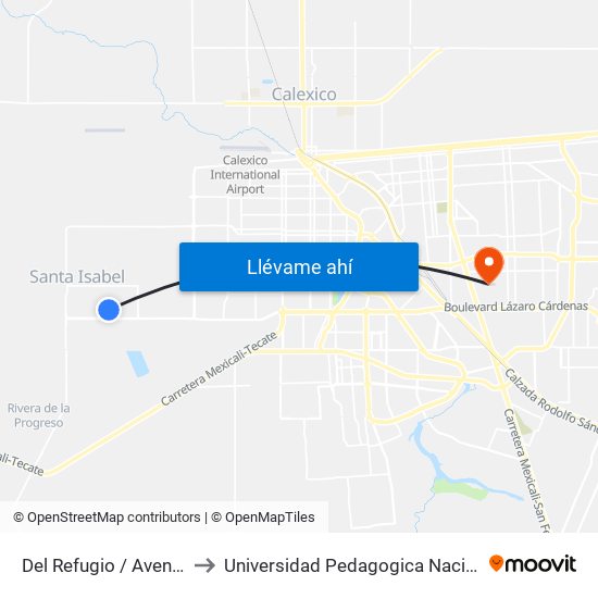 Del Refugio / Avenida San Cristóbal to Universidad Pedagogica Nacional, Unidad 021 Mexicali map