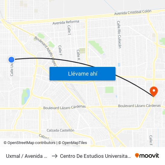 Uxmal / Avenida Zacatecas to Centro De Estudios Universitarios Xochicalco map