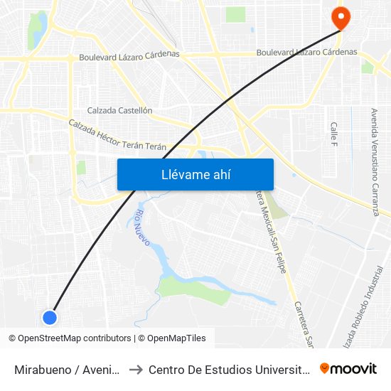 Mirabueno / Avenida Cisneros to Centro De Estudios Universitarios Xochicalco map