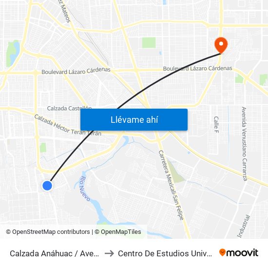 Calzada Anáhuac / Avenida Monte Castelo to Centro De Estudios Universitarios Xochicalco map