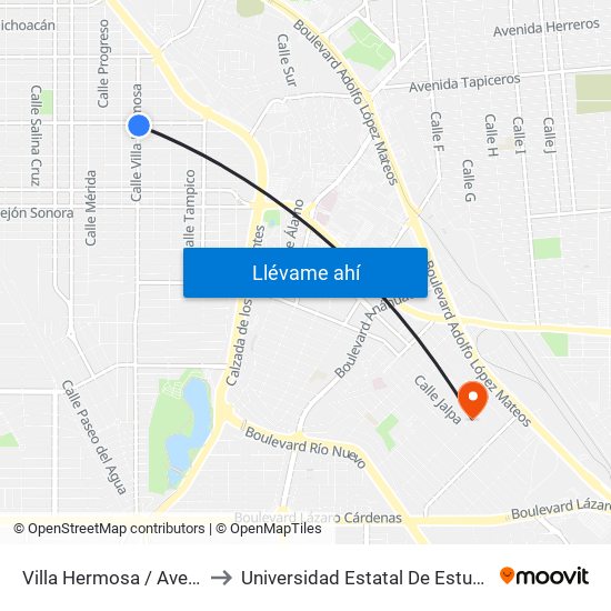 Villa Hermosa / Avenida Tabasco to Universidad Estatal De Estudios Pedagogicos map
