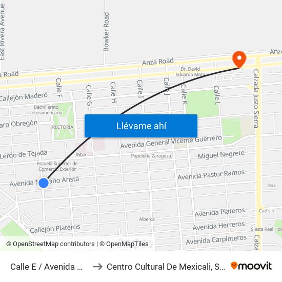 Calle E / Avenida Mariano Arista to Centro Cultural De Mexicali, Seminario Diocesano map