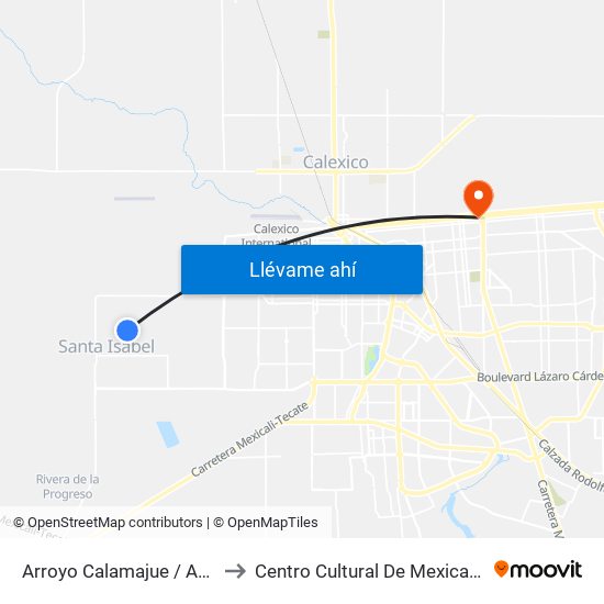 Arroyo Calamajue / Avenida El Portezuelo to Centro Cultural De Mexicali, Seminario Diocesano map