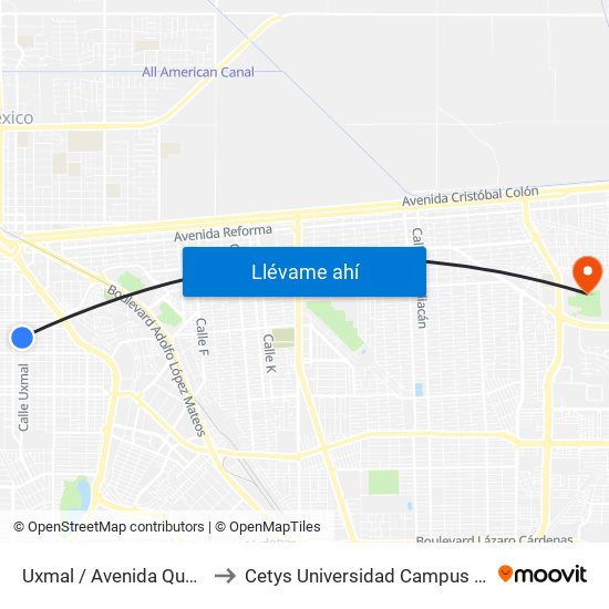 Uxmal / Avenida Querétaro to Cetys Universidad Campus Mexicali map