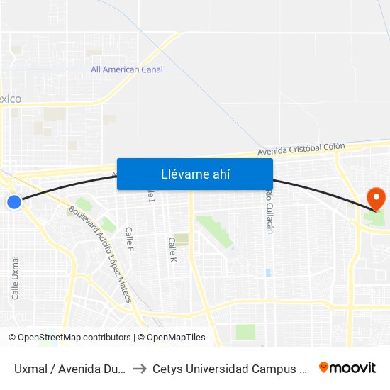 Uxmal / Avenida Durango to Cetys Universidad Campus Mexicali map