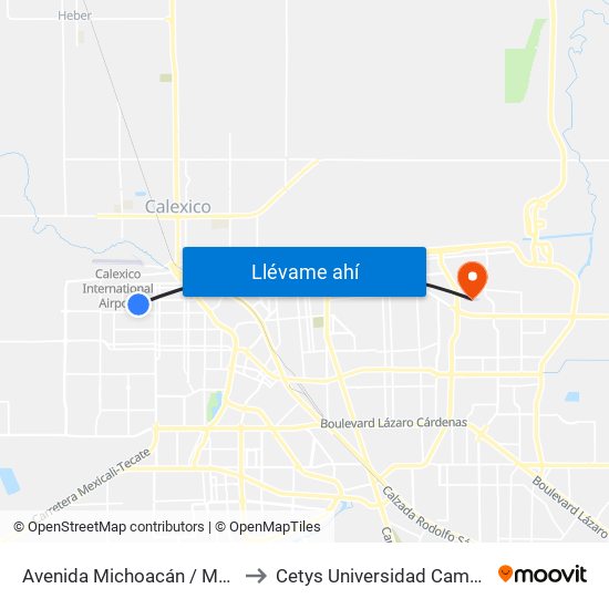 Avenida Michoacán / Mar De Cortez to Cetys Universidad Campus Mexicali map