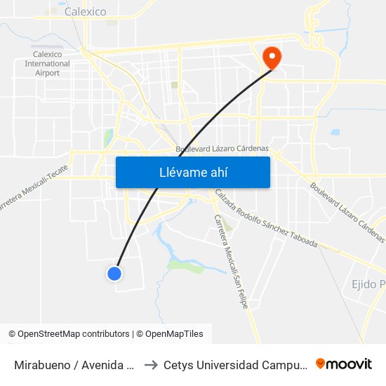 Mirabueno / Avenida Burguete to Cetys Universidad Campus Mexicali map