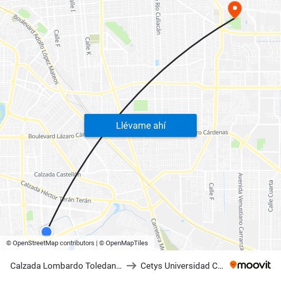 Calzada Lombardo Toledano / Catanzaro Norte to Cetys Universidad Campus Mexicali map