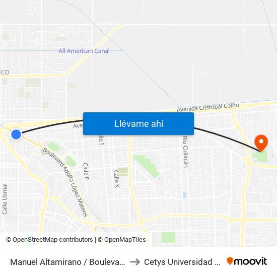 Manuel Altamirano / Boulevard Adolfo López Mateos to Cetys Universidad Campus Mexicali map