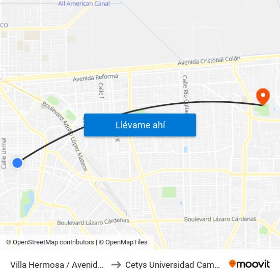 Villa Hermosa / Avenida Chihuahua to Cetys Universidad Campus Mexicali map