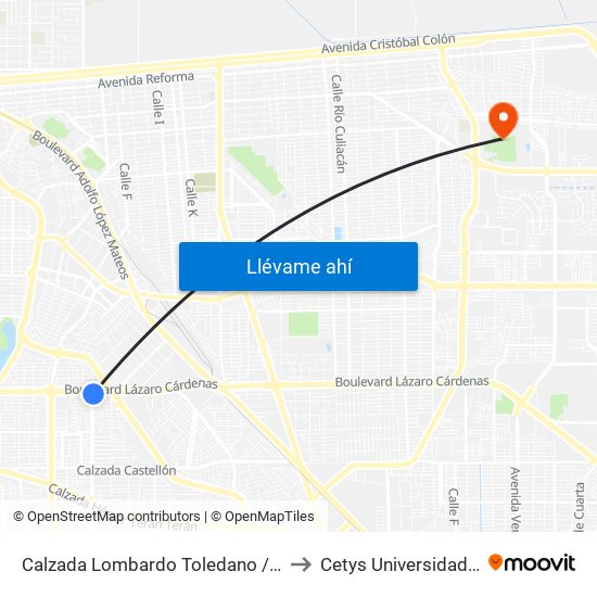 Calzada Lombardo Toledano / Boulevard Lázaro Cárdenas to Cetys Universidad Campus Mexicali map