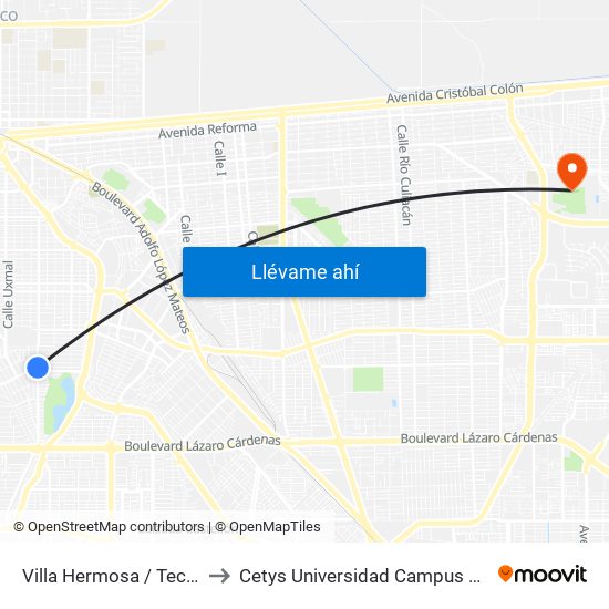 Villa Hermosa / Tecomán to Cetys Universidad Campus Mexicali map