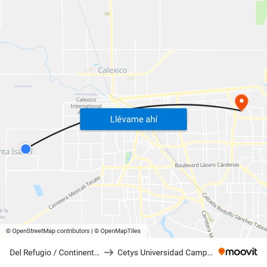 Del Refugio / Continente Europeo to Cetys Universidad Campus Mexicali map
